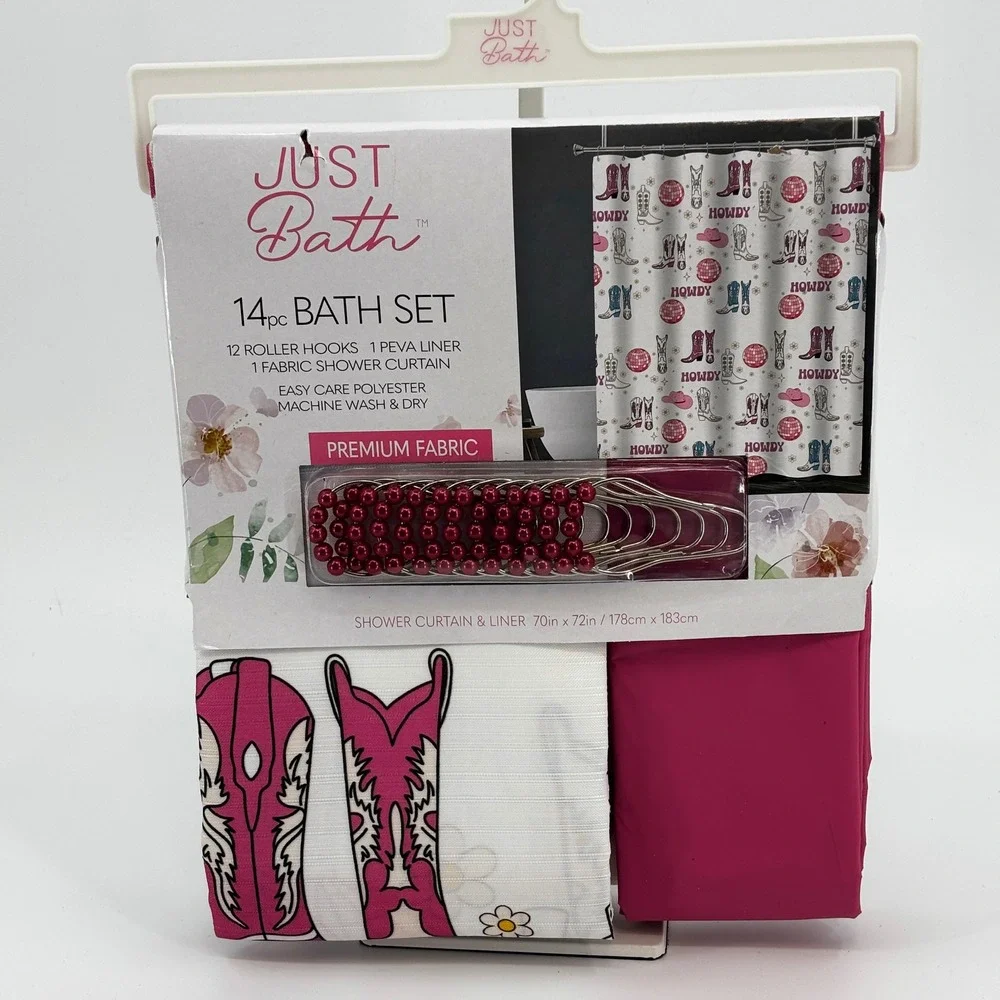 Just Bath Shower Curtain Set Pink Western Cowgirl Disco Howdy 14pc New Hat Boots
